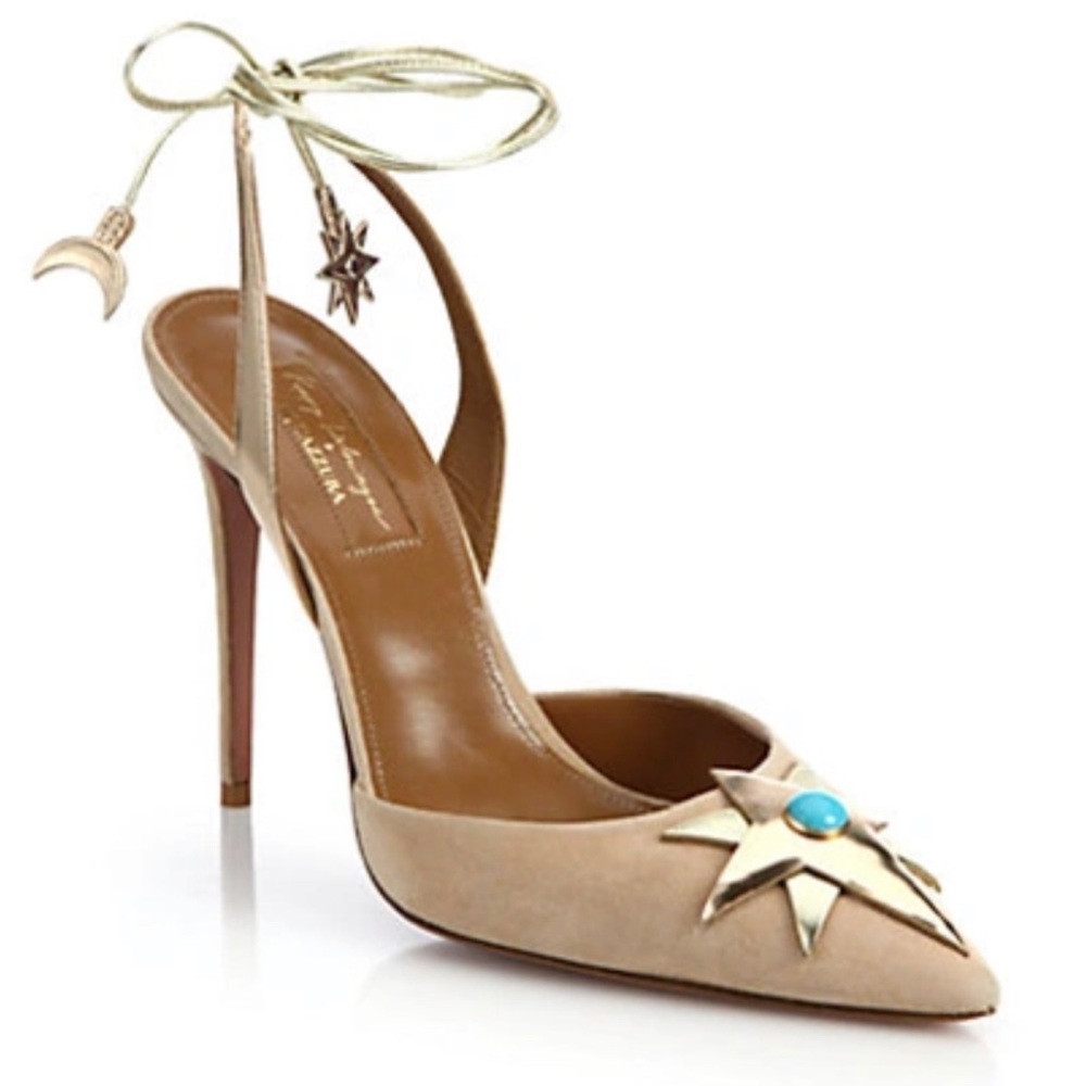Aquazzura Poppy Delevingne Suede & Metallic Leather Slingback-tie Pumps In Nude